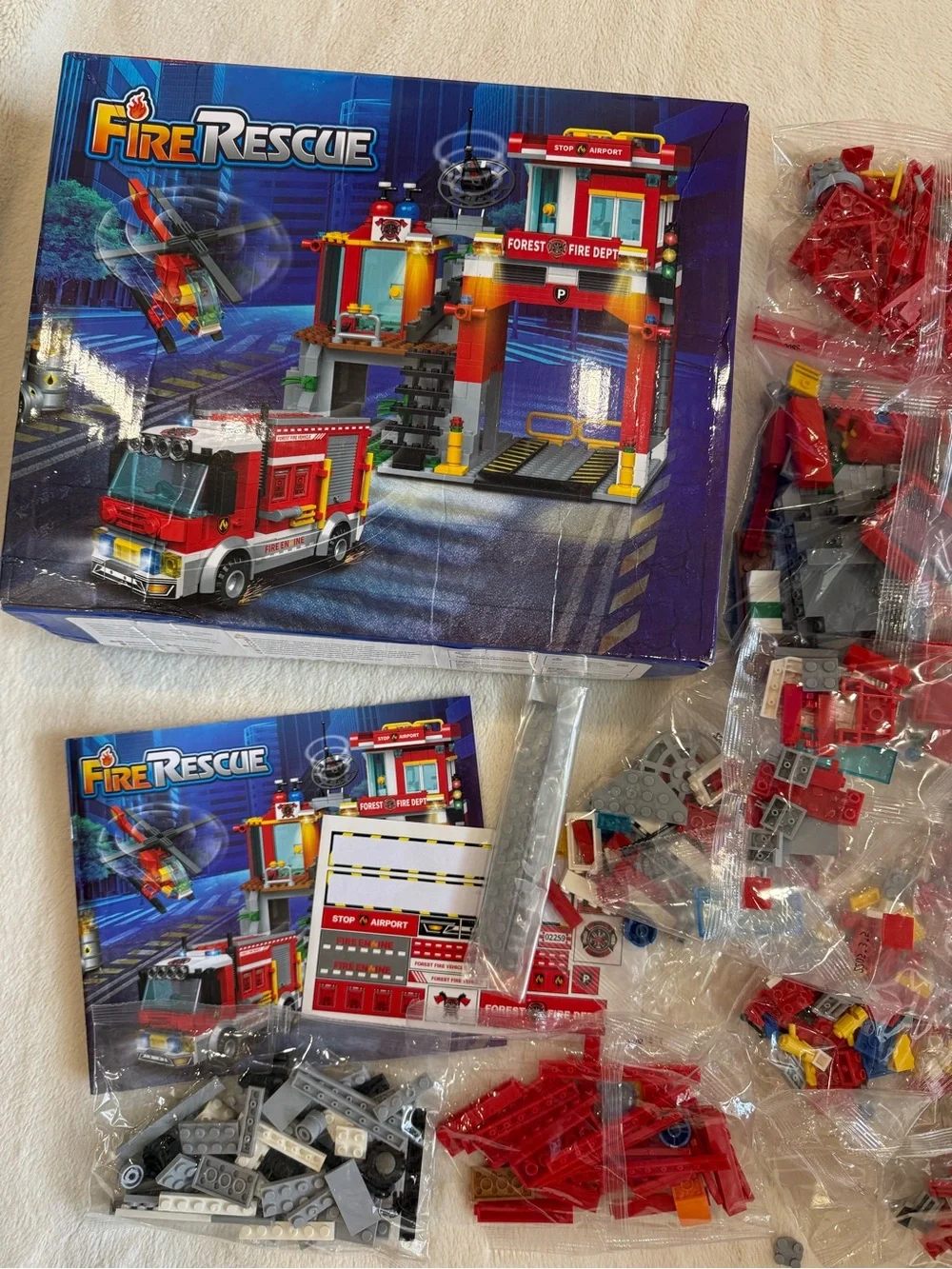 Fire Rescue Building Set with Fire Station, Truck, and Helicopter